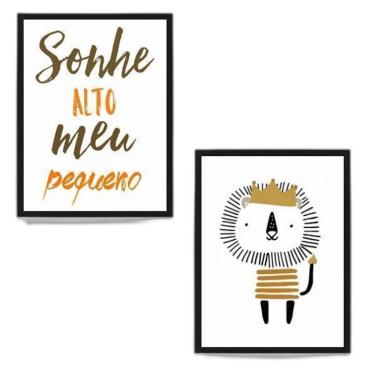Imagem de Kit 2 Quadros Infantil Leãozinho Sonhe Alto 24X18Cm Preta