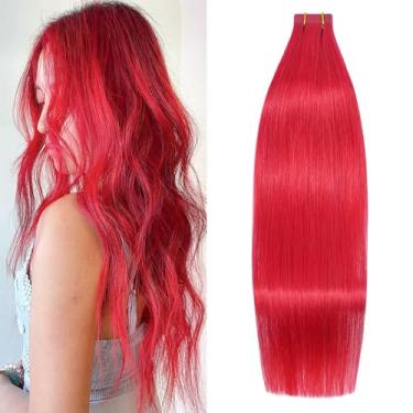 Imagem de WindTouch Extensões de cabelo com fita adesiva vermelha brilhante 100% extensões de cabelo humano liso 20 peças 50 cm #vermelho 50 g
