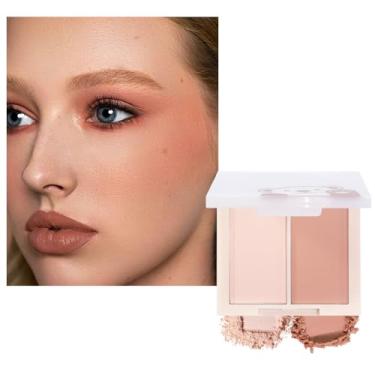 Imagem de HHLTOH Paleta de contorno e blush fosco Duo Colors – Sombra de maquiagem em pó prensado montável, sombra, blush de bochecha | Rosa claro + vermelho tijolo | Adequado para maquiagem diária feminina