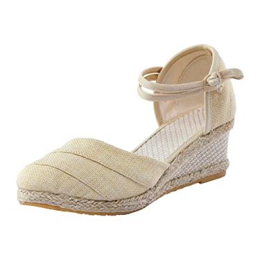 Imagem de Sandálias femininas onduladas de linho plataforma sandálias plataforma moda versátil trançado sapatos femininos sandálias anabela tamanho 7, Bege, 8.5