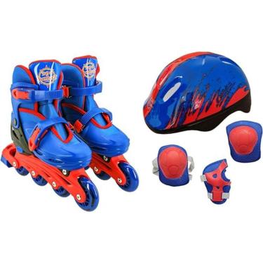 Imagem de Patins 4 rodas Inline Azul Menino 34 ao 37 com kit de proteção infantil e capacete Uni Toys
