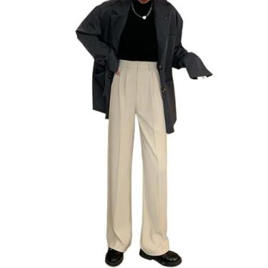 Imagem de JYHBHMZG Calça feminina de cintura elástica para escritório feminina solta reta calça feminina outono preto calça cáqui, Cor creme, PP