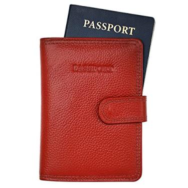 Imagem de Steeltime Porta-passaporte de couro clássico com proteção RFID + carteira com porta-cartão de vacina para viagens, Vermelho, Porta-passaporte