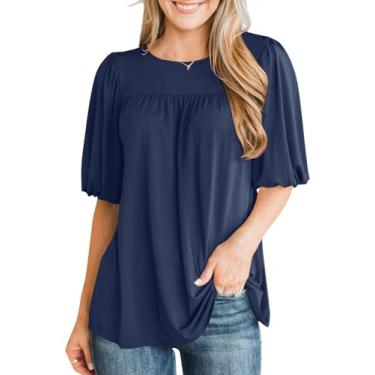 Imagem de Tankaneo Túnica feminina casual de verão, meia manga, gola redonda, camisetas básicas, Azul marino, M