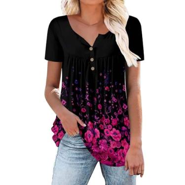 Imagem de Camisetas femininas florais com gola V com botões e manga curta camisetas femininas soltas túnica tops de verão 2024, Cinza, P