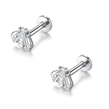 Imagem de Fuqimanman2020 Brincos de aço inoxidável 16G Top Honeybee Cartilage Stud Stud Tiny Bee Flat Back Screw Lip Tongue Piercing Piercing Studs ​​para mulheres homens unissex hipoalergênico piercing joias,