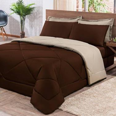Imagem de Kit Edredom + Jogo De Lençol Aconchego Look House Dupla Face Casal Queen 06 Peças - Marrom E Caqui