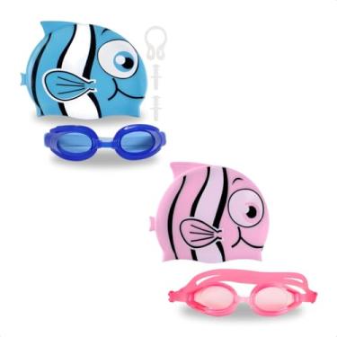 Imagem de Kit Natação Infantil Peixe Menino E Menina Touca Toca Óculos Mergulho Silicone Com Protetor 5 Peças Linha Premium M5 Armarinhos (Azul)