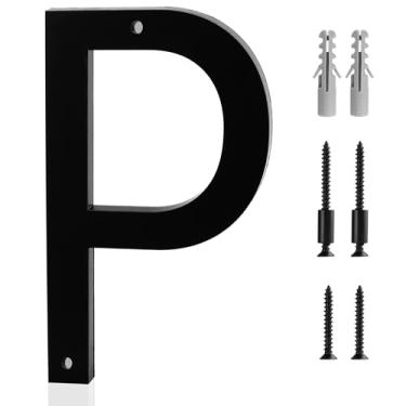 Imagem de Número P de casa de 12 cm preto fosco números de casa de acrílico com kit de parafusos, montagem fácil de descarga ou flutuante para endereços externos, números de rua, endereço residencial, varanda,