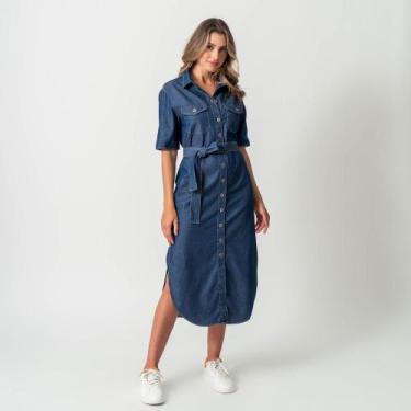 Imagem de Vestido Chemise Midi Jeans Leve Fendas Laterais Cinto Azul Escuro - Bl