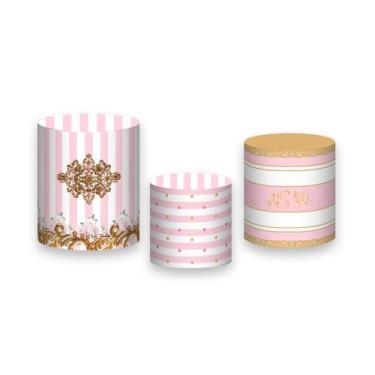 Imagem de Trio De Capa Cilindro -  Realeza Rosa com Listras 005 - Via Cores