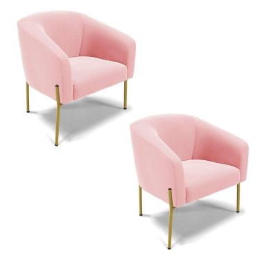 Imagem de Cadeira Sala De Jantar Pé De Ferro Dourado Kit 2 Stella Suede D03 - D\`rossi Cor Rosa Bebê