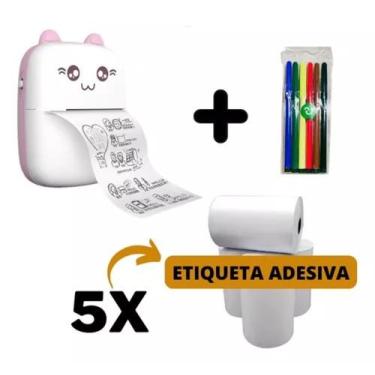 Imagem de Mini Impressora Térmica Portátil Gatinho + 5 Rolos Adesivos + 1 Kit Ca