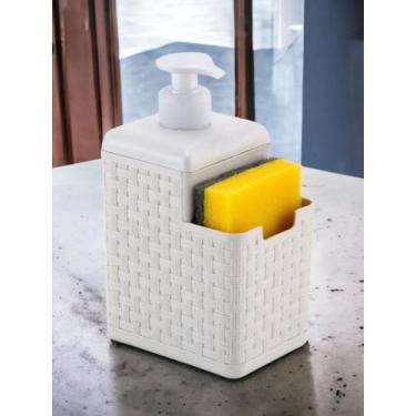 Imagem de Porta Detergente e Esponja BRANCO Rattan Dispenser com Suporte P/ Buch