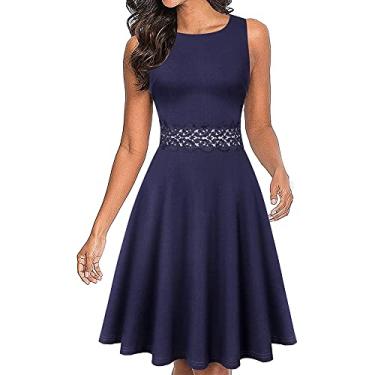Imagem de OWIN Vestido feminino vintage de renda floral, rodado, evasê, rodado, casual, festa, coquetel, sem mangas, Azul marinho puro, XGG