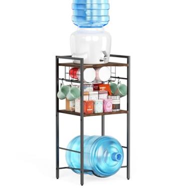 Imagem de Suporte de dispensador de água de 3 níveis, suporte de água para jarro de água de 5 galões, suporte de refrigerador de água com cesta de metal, suporte de garrafa de água com 4 ganchos, suporte de