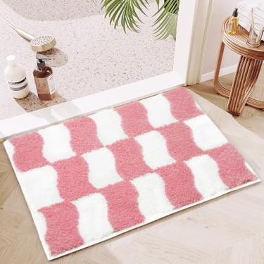 Imagem de Mocsicka Tapete de banheiro xadrez rosa branco clássico moderno tapete de banheiro super macio absorvente tapete de banheiro antiderrapante tapete lavável à máquina para banheiro 51 x 76 cm (rosa)