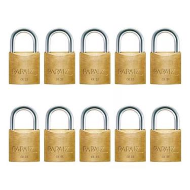 Imagem de Cadeado Papaiz 25mm Cr25 Seguro 2 Chaves Dourado Kit 10 Pçs
