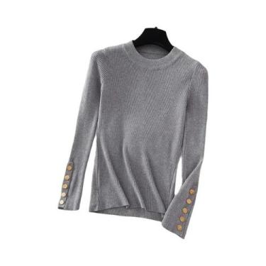 Imagem de Suéter Feminino Cáqui de Malha Grossa - Gola Redonda, Botão, Slim Fit 