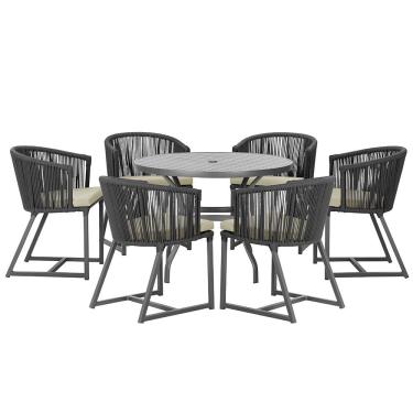 Imagem de Mesa com 6 Cadeiras de Jantar Roma 120cm e Noronha em Alumínio Preto Corda Náutica Estofado 7 Trama Original