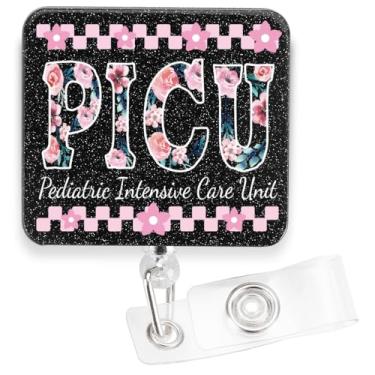 Imagem de Crachá de unidade de terapia intensiva pediátrica PICU, suporte de crachá floral PICU, presente de enfermeira pediátrica, decoração de consultório médico, suporte de crachá de acrílico, 9 x 4 cm, HW49