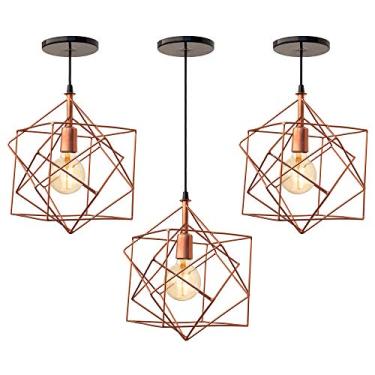 Imagem de Combo Kit com 3 Pendentes Cubic Aramado Cobre Lustre 32Cm Luminária Sala