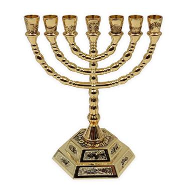 Imagem de Ateret Judaica Traditiona Jewish Menorah 7 Ramos Palitos de Vela, Castiçal Templo de Jerusalém - 12 Tribos de Israel Menorah, 16 cm (Dourado)