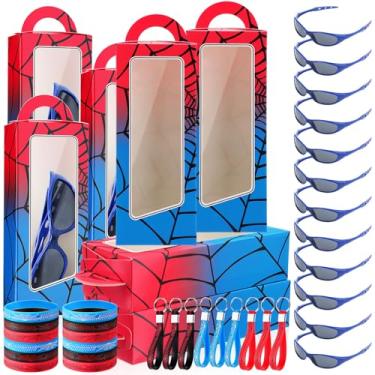 Imagem de Tellegloww 48 peças de presentes de teia de aranha incluem 12 caixas de presente de teia de aranha, 12 óculos de sol, 12 pulseiras, 12 chaveiros para fantasia de personagens, artigos de festa (azul)