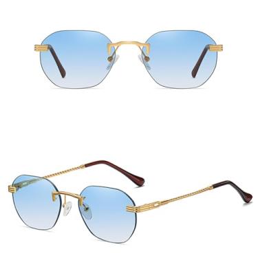Imagem de VFDHN Óculos de sol femininos sem armação, de metal dourado, sem aro, com lentes degradê, azul, moda masculina, Uv400 (7)