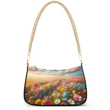 Imagem de Yellow Ducks on Blue Phone Wallet Purse Hobo Designer Bag Women Handbags Shoulder Strap Moon Ladies Shoulder Bag, Paisagem do mar com flores