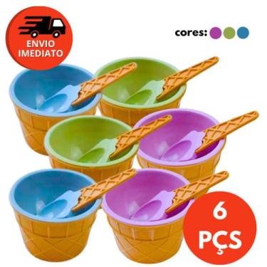 Imagem de Kit Tigela Pote Potinho E Colher Formato Casquinha Plástico Colorido S