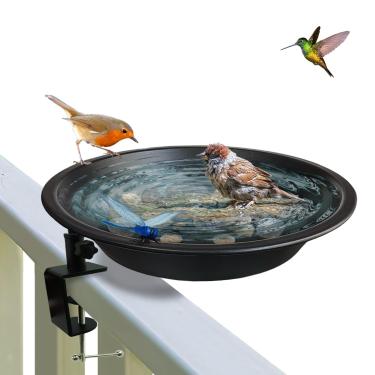 Imagem de Banheira de pássaros montada no deck para trilho e jardim - preto fosco de 29 cm, tigela removível com suporte à prova de ferrugem, alimentador de pássaros ao ar livre fácil de limpar com libélula