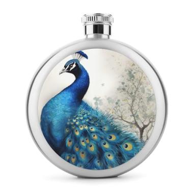 Imagem de Cantil de aço inoxidável, com estampa de pavão azul, garrafa de anca, garrafa de viagem, portátil, garrafa de licor portátil