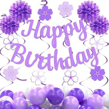 Imagem de Joelipan Decorações De Aniversário Para Meninas E Mulheres, Festa Roxas Brancas, Faixa Alegre Com Flores Papel, Guirlanda Pontos Circulares, Redemoinhos Pendurados.