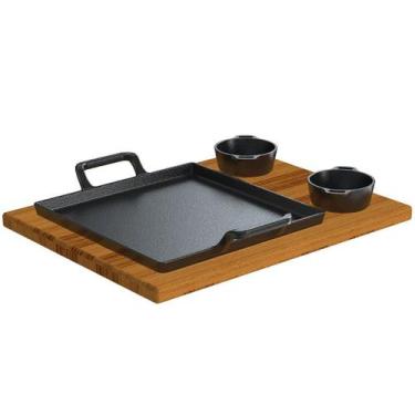 Imagem de Tábua Suporte de Madeira com Chapa Bifeteira e 2 Panelinhas de Ferro F