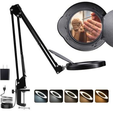 Imagem de Lâmpada de mesa de lupa de 15 x com braçadeira, lente de vidro real com capa contra poeira, 84 LEDs, 5 modos de cor, 10 brilho regulável, lupa de braço oscilante longo flexível para leitura