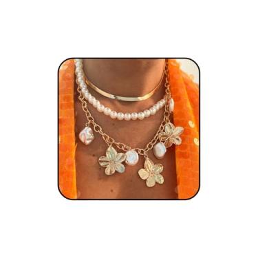 Imagem de Conjunto de colar de pérolas em camadas, gargantilha de 3 peças com pingentes de flores, espinha de peixe, corrente cubana com pingente de pérola barroca, joia com pingente de pérola, One size, Liga