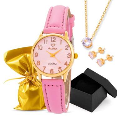 Imagem de Kit Relógio Eura Couro Dourado Colar e Brinco com Caixa Presenteavel, 