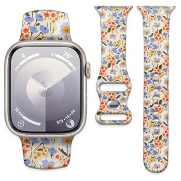 Imagem de Pulseira de relógio compatível com Apple Watch de 38 mm, 40 mm, 41 mm e 42 mm, pulseira de substituição com fecho clássico para Apple Watch Series SE 10, 9, 8, 7, 6 5 e Utral (lindas flores)