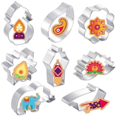 Imagem de Mimorou Conjunto de 8 peças de cortadores de biscoito Diwali, lanterna, fogos de artifício, mandala, lótus, paisley, kalash, formas de elefante, cortador de biscoito para lembrancinhas de festa de