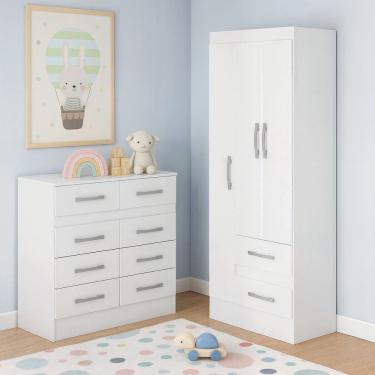 Imagem de Quarto Infantil com Cômoda 8 Gavetas e Guarda-Roupa 3 Portas e 2 Gavetas Ninho Branco