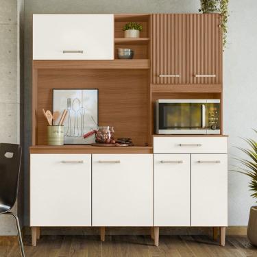 Imagem de Cozinha Compacta Yara 7 Portas 1 Gaveta Ripado 3d Ipê/Off White - Nicioli