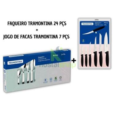 Imagem de Faqueiro Tramontina 24 peças buzios + Jogo de facas 7 Peças, Prateado