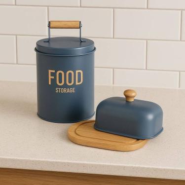Imagem de Kit 1 Lata De Metal Porta Mantimentos E Manteigueira Com Tampa De Metal E Base Em Bambu Enjoy