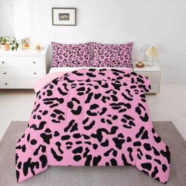 Imagem de Feelyou Conjunto de edredom Queen com estampa de leopardo rosa, para meninos, meninas, adolescentes, safári, vida selvagem, animal, caça, respirável, macio, leve, decoração de quarto, 3 peças