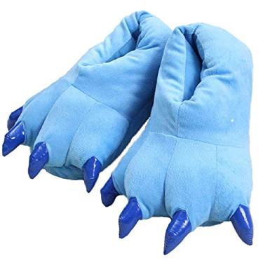 Imagem de YUNZLAN Pantufa unissex de pata de animal para homens, mulheres, meninos, meninas, chinelos domésticos de pelúcia de inverno com sola antiderrapante, cosplay, Azul, X-Large