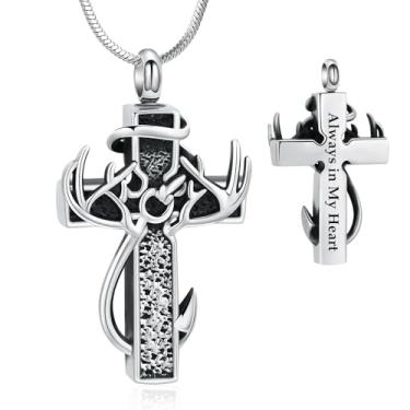 Imagem de shajwo Colar de urna com cruz para cinzas humanas para mulheres, homens, anzol, chifres de peixe, cervo, joia de cremação, pingente de lembrança de cinzas, Aço inoxidável, Sem Pedra Preciosa