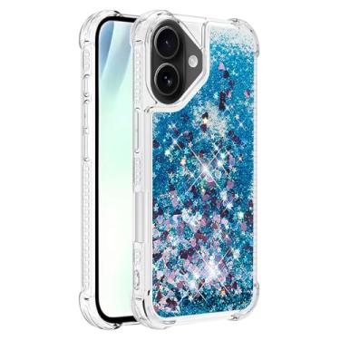 Imagem de Capa de telefone à prova de choque para iPhone 17 com glitter líquido de areia movediça e corações flutuantes, capa de TPU de camada dupla reforçada com 4 cantos, protetor de telefone seguro