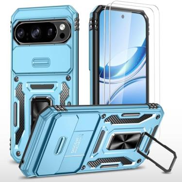 Imagem de Capa para Google Pixel 10/10 Pro com capa de câmera deslizante + protetor de tela (2 pacotes), anel giratório com suporte de grau militar, capa protetora à prova de choque (azul claro)
