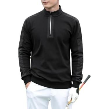 Imagem de Camiseta De Golfe Masculina, Masculina Mantenha Quente Camisa De Lã Com Zíper Gola Alta Patchwork Manga Longa Esportiva, Black, M